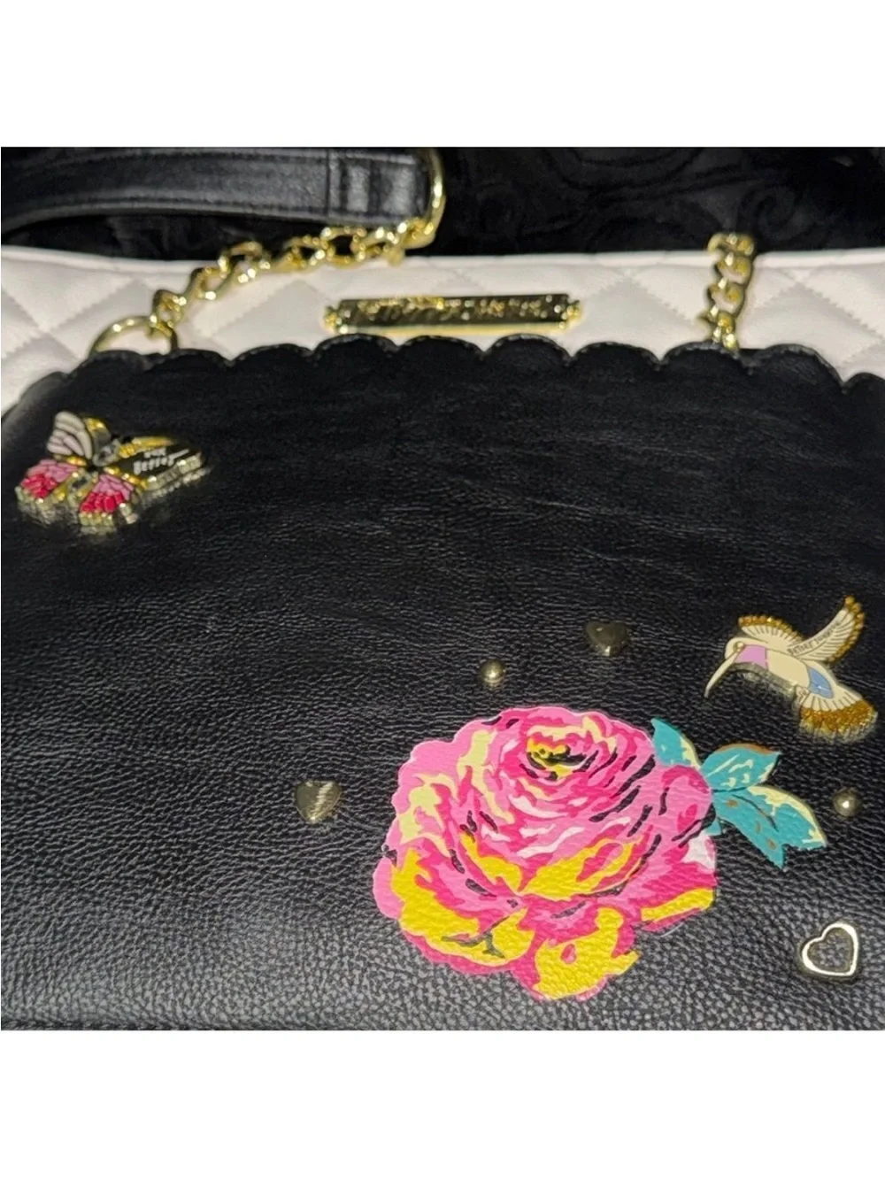 Black & White Tote Bag with Floral Embroidery